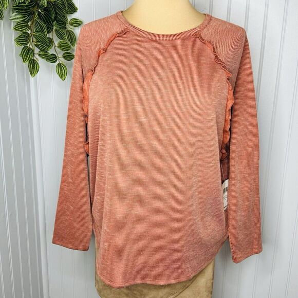 89th and Madison Sz M Ruffled Rusty Red Flowy Long Sleeve Blouse Burnt Orange - Picture 1 of 13